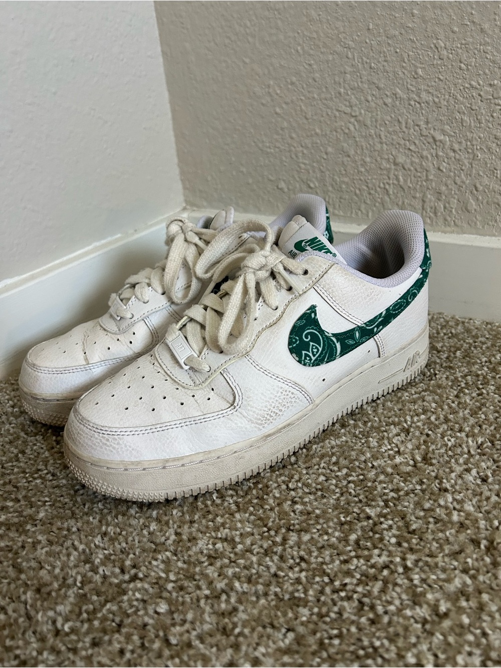 Nike Women’s White Air Force One with Green Paisley Swoosh